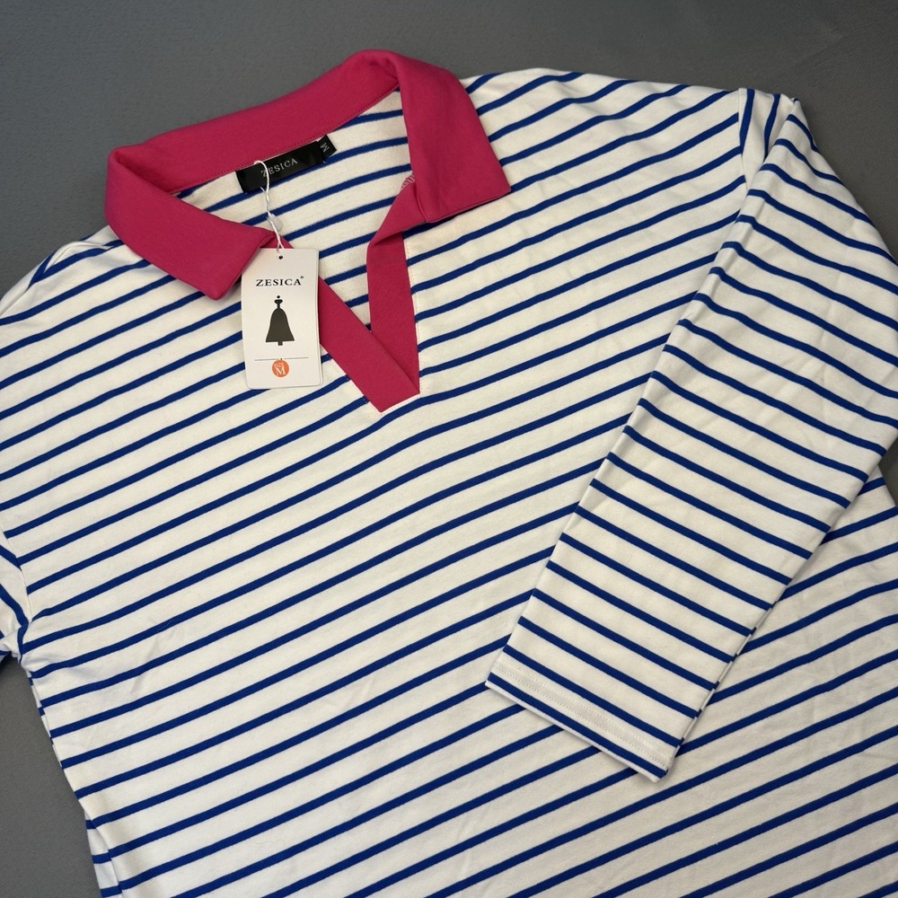 Zesica Long Sleeve Polo Shirt White Navy Stripes With Pink Collar, Size M NEW!!